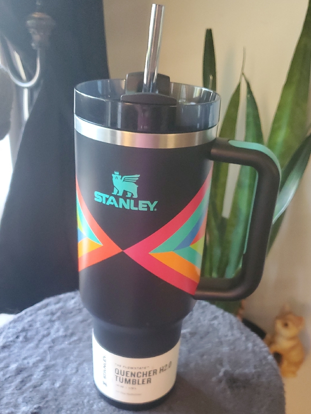 Stanley Black Tumbler with Multicolor Geometric Stripes Few Scratches See In Pic